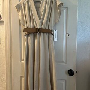 Calvin Klein Neutral Cream Wrap Maxi Dress with Brown Belt